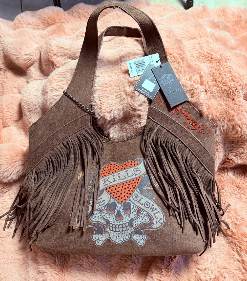 Ed Hardy EHH473A-26 Handbag Chocolate Brown Vegan Suede Tote